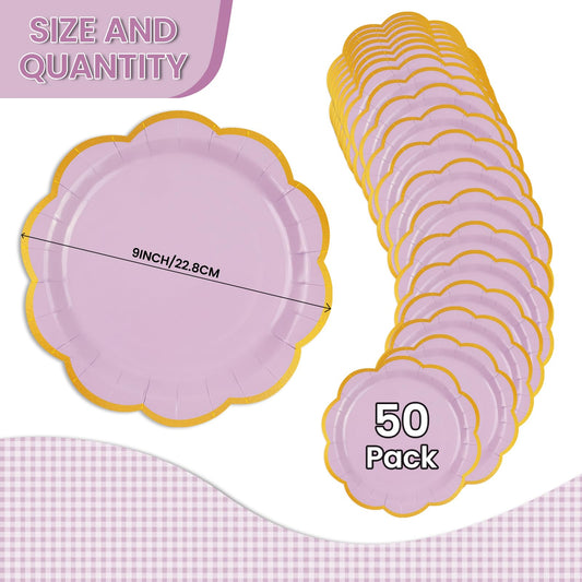 EVYIENEN 50 Pcs Purple Paper Plates,9 Inches Gold Foil Disposable Scalloped Paper Party Plates for Cake Dessert Halloween Fall Thanksgiving Birthday Wedding Baby Shower Party Decorations