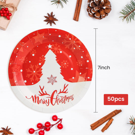 50 Pcs 7 Inch Merry Christmas Paper Plates, Red Dessert Plates with White Christmas Tree Pattern