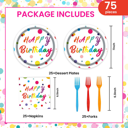 75Pcs Happy Birthday Dots Plates and Napkins Party Supplies,7 Inch Dots Paper Plates and 6.5 Inch Napkins with 6.3 Inch Forks Disposable Tableware Set for Birthday Party Decorations,Serve 25