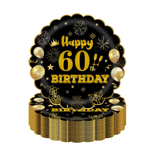 EVYIENEN 50Pcs 60th Birthday Party Paper Plates,7inch Disposable Black and Gold Scalloped Dessert Party Plates for Birthday Wedding Anniversary Reception Event Decorations