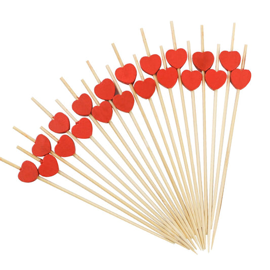 100PCS Red Heart Pearl Cocktail Picks, 4.7" Bamboo Toothpicks for Valentine's Day, Birthdays & Weddings