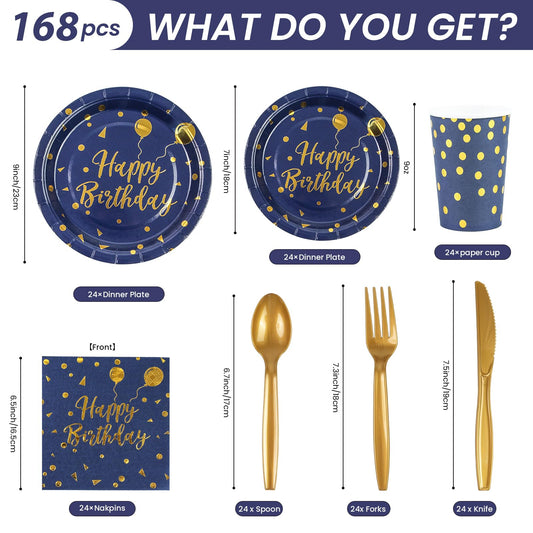 168PCS Happy Birthday Blue and Gold Party Supplies,Disposable Party Decorations Paper Plates Napkins Cups Plastic Forks Knives Spoons for Birthday New Year Wedding,Serve 24