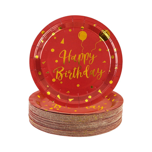 EVYIENEN 50 Pack Happy Birthday Red and Gold Paper Plates, 7 inch Metallic Foil Polka Dots Disposable Dessert Party Supplies for Graduation Wedding Holiday Christma Party Decorations