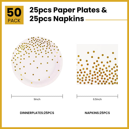 50Pcs White and Gold Dinner Plates and Napkins, 9 Inch Gold Foil Dot Dessert Plates with Napkins for Birthdays, Weddings and New Year, Serves 25