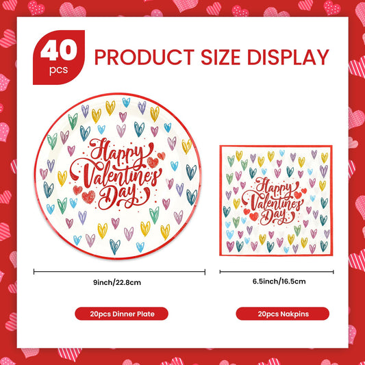 40Pcs Valentine's Day Plates and Napkins Set, 9 Inch Heart Patterned Dessert Plates for Valentine's Day and Birthday Party, Serves 20