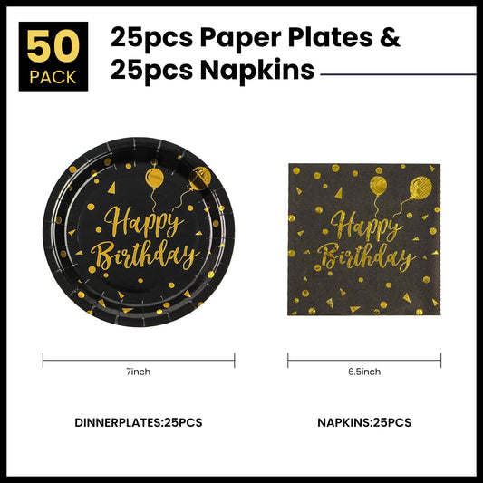 White and Gold Happy Birthday Dinner Plates and Napkins, 9 Inch Gold Foil Balloon Dessert Plates with Napkins for Birthday Party, Serves 25