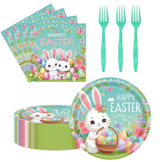 75Pcs Easter Bunny Tableware Set with Forks, 7 Inch Disposable Egg and Spring Flower Plates and Napkins, Serves 25