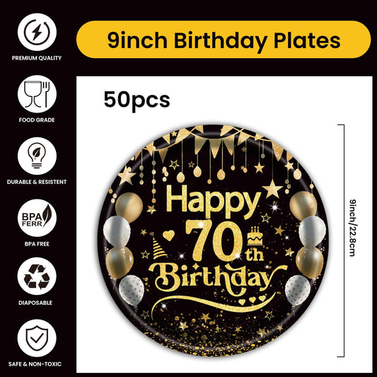 50Pcs 70th Birthday Paper Plates, 9 Inch Black and Gold Disposable Dessert Plates for Men and Women, 70th Birthday and Wedding Party