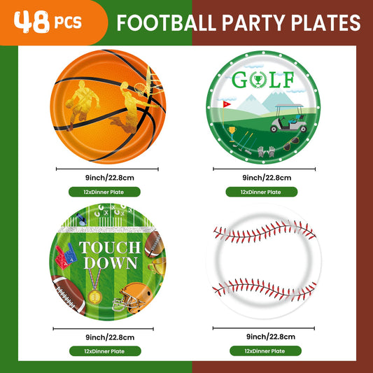 EVYIENEN 48Pcs Sports Birthday Paper Plates,9inch Disposable Sports Football Basketball Golf Baseball Paper Plates in 4 Designs for Kids Birthday Party Favors Decorations