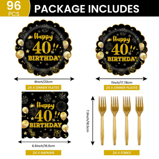 EVYIENEN 96Pcs 40th Birthday Party Tableware Set,Back in 1965 Birthday Party Decorations Supplies, Disposable Black and Gold 40th Birthdays Paper Plates Napkins Forks Favors for Men Women, Serve 24