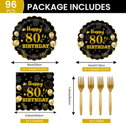 EVYIENEN 96Pcs 80th Birthday Party Tableware Set,Back in 1965 Birthday Party Decorations Supplies, Disposable Black and Gold 80th Birthdays Paper Plates Napkins Forks Favors for Men Women, Serve 24