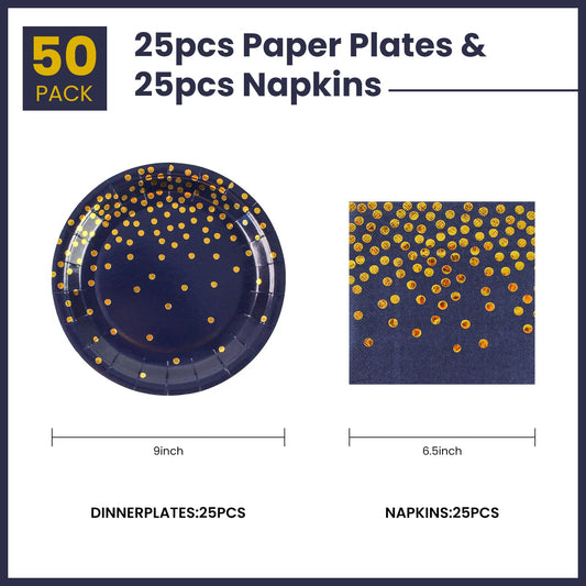 50Pcs Dark Blue and Gold Dinner Plates and Napkins, 9 Inch Gold Foil Dot Dessert Plates with Napkins for Birthdays, Weddings and New Year, Serves 25