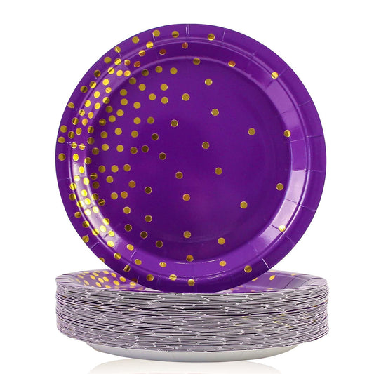 EVYIENEN 50 Pcs Purple and Gold Paper Plates, 7 inch Halloween Disposable Dessert Party Plates Party Supplies for Halloween Fall Thanksgiving Birthday Wedding Party Decorations
