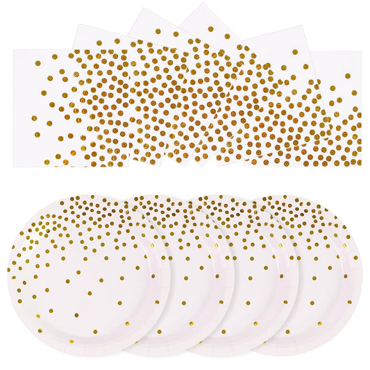 50Pcs White and Gold Dinner Plates and Napkins, 7 Inch Gold Foil Dot Dessert Plates with Napkins for Birthdays, Weddings and New Year, Serves 25