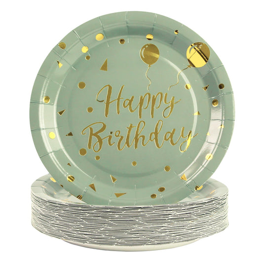 50 Pack Sage Green and Gold Happy Birthday Paper Plates, 7 inch Metallic Foil Polka Dots Disposable Dessert Party Supplies Plates for Graduation St Patricks Wedding Holiday Christma Party Decorations