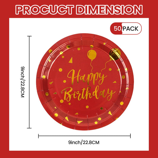 50Pcs Happy Birthday Red and Gold Paper Plates, 9 Inch Metallic Foil Polka Dot Disposable Dessert Plates for Graduation, Birthday and Wedding