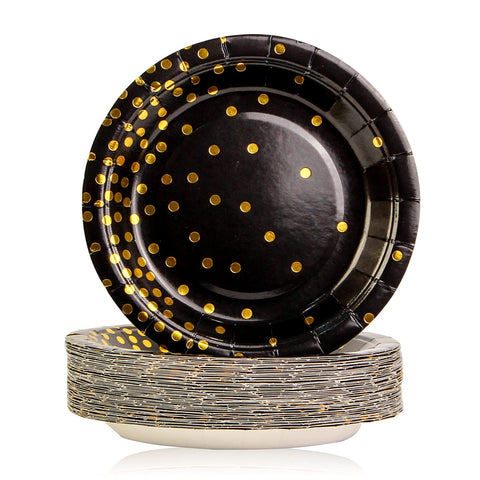 EVYIENEN 50 Pack Black and Gold Paper Plates, 7inch Metallic Foil Polka Dots Disposable Dessert Party Plates Party Supplies for Graduation Birthday Party Weddings Holiday