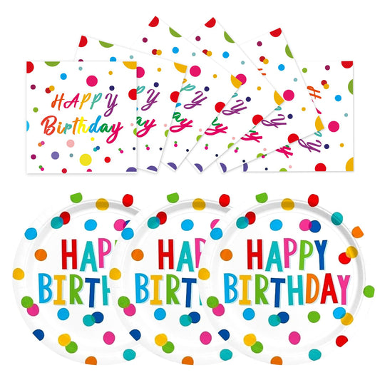 EVYIENEN 50 Pcs Happy Birthday Dots Plates and Napkins Party Supplies,Happy Birthday and Napkins Party Decorations for Birthday Plates-Serves 25