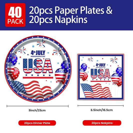 40Pcs 4th of July Paper Plates and Napkins Set, American Flag Dinnerware for Independence Day, Memorial Day and Veterans Day, Serves 20