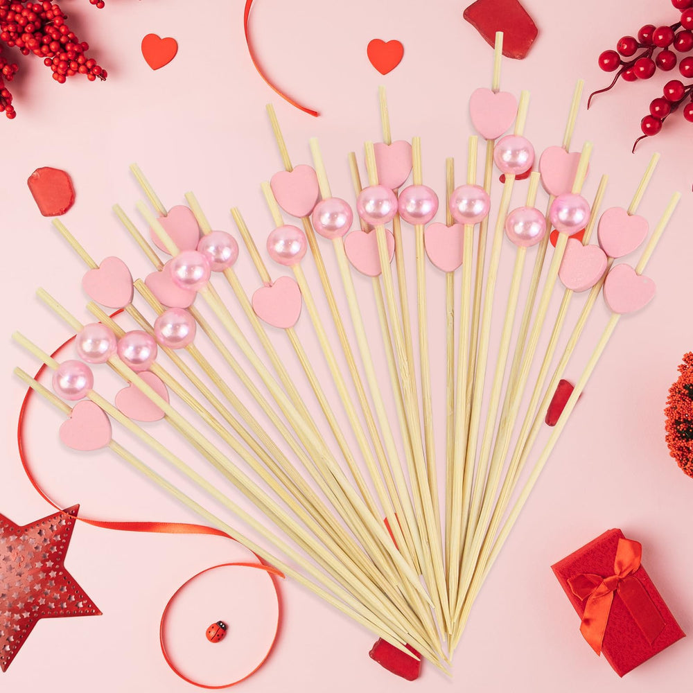 100 Pcs Heart Shaped Pearl Cocktail Picks β 4.7 Inch Bamboo Toothpicks for Cocktails, Appetizers & Valentine's Party Decoration β image 3