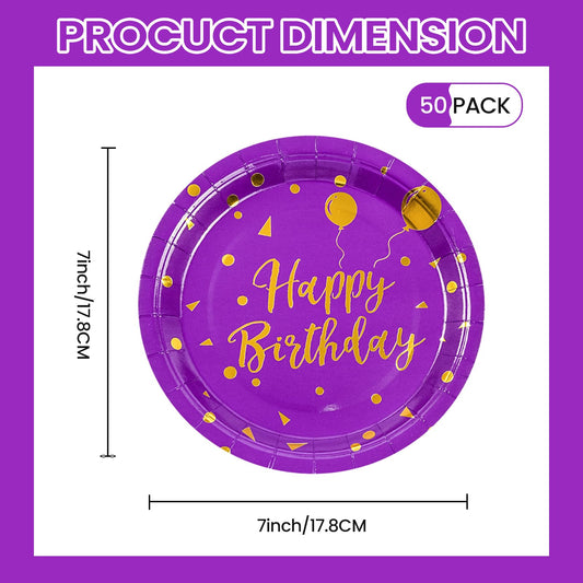 50 Pcs Purple and Gold Paper Plates,7 inch Halloween Paper Plates Disposable Happy Birthday Dessert Cake Plate Party Supplies for Halloween Fall Thanksgiving Birthday Wedding Party Decorations