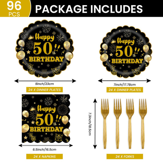 EVYIENEN 96Pcs 50th Birthday Party Tableware Set,Back in 1965 Birthday Party Decorations Supplies, Disposable Black and Gold 50th Birthdays Paper Plates Napkins Forks Favors for Men Women, Serve 24