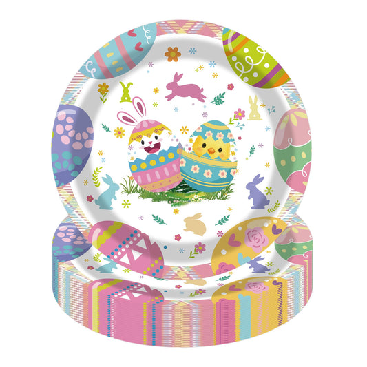 50Pcs Easter Paper Plates, 7 Inch Colorful Bunny and Egg Dessert Plates for Easter, Spring and Birthday Parties