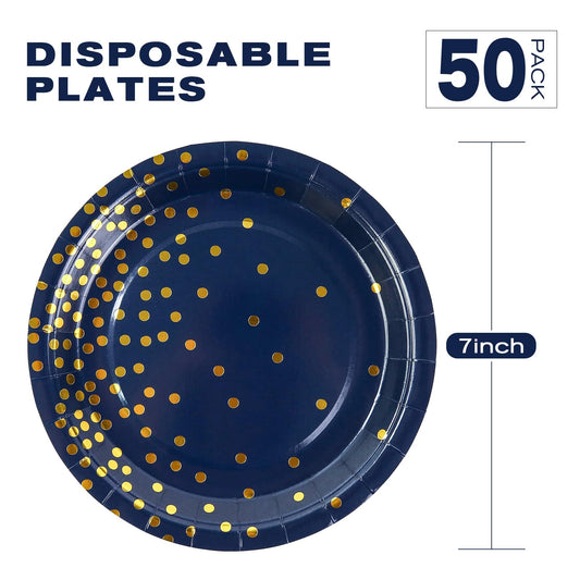 EVYIENEN 50 Pack Deep Blue and Gold Paper Plates, 7inch Metallic Foil Polka Dots Disposable Dessert Party Party Supplies Plates for Graduation Birthday Cocktail Party Weddings Holiday Christmas