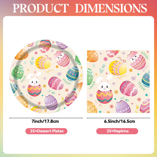 50 Pcs Easter Paper Plates and Napkins, 7 Inch Colorful Bunny & Egg Tableware Set, Serves 25