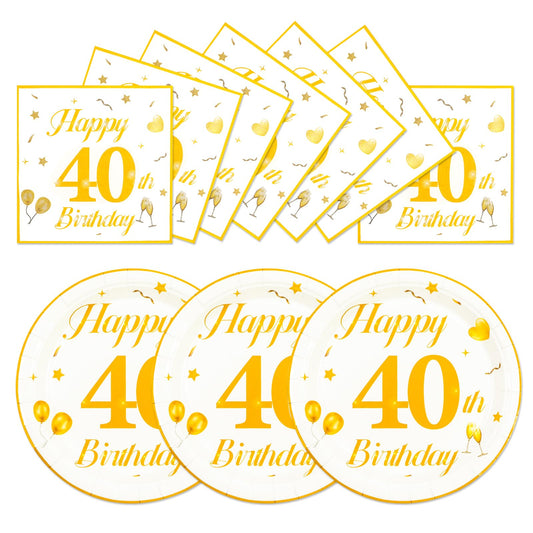 EVYIENEN 50PCS 40th Happy Birthday Plates and Napkins,7 Inch Premium Wihte and Gold Birthday Dessert Cake Plates Party and Cocktail Napkin for Men and WomenTable Anniversary Decoration
