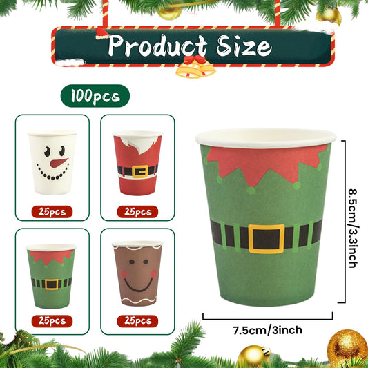 100Pcs 9oz Christmas Paper Cups, Santa Snowman Reindeer Disposable Coffee Cups for Hot and Cold Drinks, Holiday and Winter Party