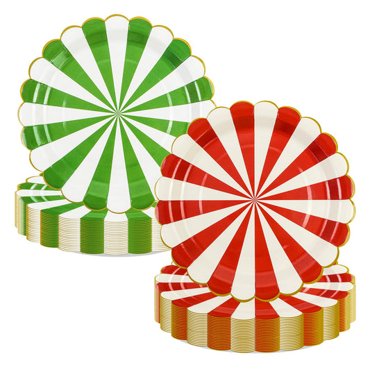 60Pcs Christmas Candy Paper Plates, 7 Inch Red White and Green Striped Dessert Plates for Christmas and New Year