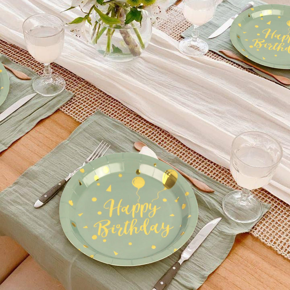 50 Pack Sage Green and Gold Happy Birthday Paper Plates, 7 inch Metallic Foil Polka Dots Disposable Dessert Party Supplies Plates for Graduation St Patricks Wedding Holiday Christma Party Decorations — image 4