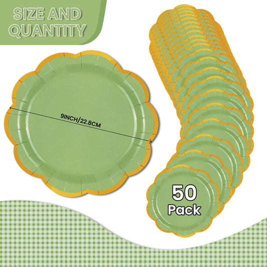 EVYIENEN 50 Pcs Sage Green Paper Plates,9 Inches Gold Foil Disposable Scalloped Paper Party Plates for Cake Dessert Halloween Fall Thanksgiving Birthday Wedding Baby Shower Party Decorations