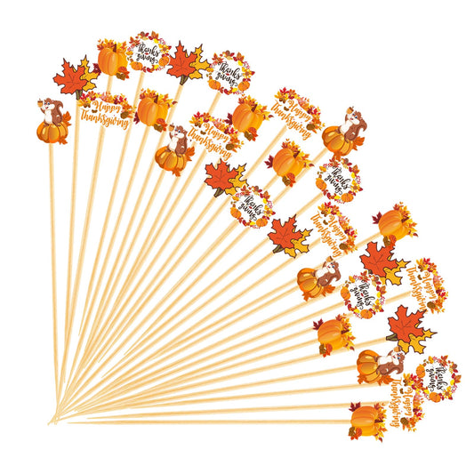 150PCS Thanksgiving Cocktail Picks,Autumn Theme Turkey Squirrel Pumpkin Maple Leaf Bamboo Cocktail Toothpicks Fruit Skewers Drink Dessert for Thanksgiving Day Party Decoration