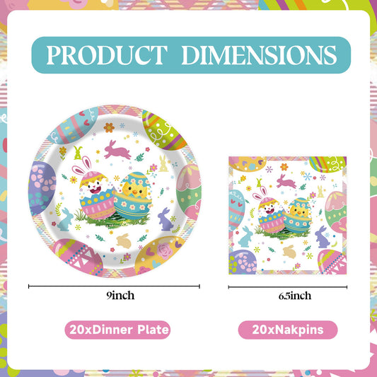 EVYIENEN 40Pcs Easter Paper Plates and Napkins Party Supplies - 9Inch Bunny Egg Plates and Napkins Disposable Dinner Tableware Set for Easter Spring Birthday Party Decorations, Serves 20