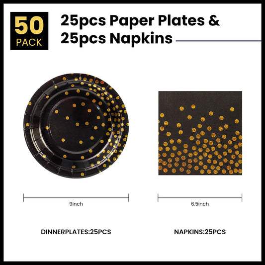 50Pcs Black and Gold Birthday Dinner Plates and Napkins, 9 Inch Gold Foil Dot Dessert Plates with Napkins for Birthdays, Weddings and New Year, Serves 25