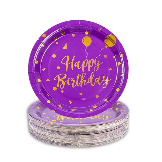 50 Pcs Purple and Gold Paper Plates,7 inch Halloween Paper Plates Disposable Happy Birthday Dessert Cake Plate Party Supplies for Halloween Fall Thanksgiving Birthday Wedding Party Decorations