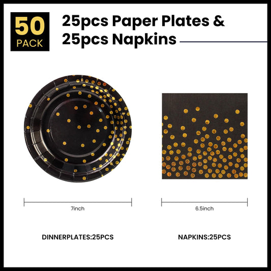 50Pcs Black and Gold Dinner Plates and Napkins, 7 Inch Gold Foil Dot Dessert Plates with Napkins for Birthdays, Weddings and Graduations, Serves 25