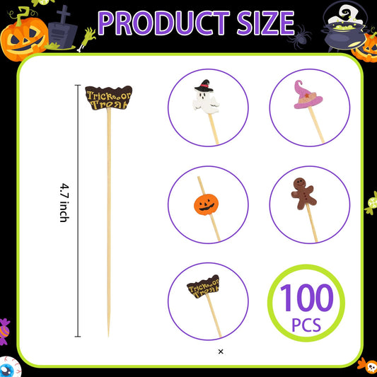 100PCS Halloween Cocktail Picks,4.7inch Halloween Toothpicks for Appetizers Natural Bamboo Cocktail Picks for Halloween Birthday Cake Party Decorations