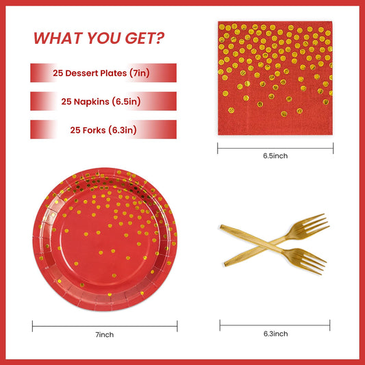 75PCS Red Dots and Gold Paper Plates, Napkins & Forks Set, Serves 25 for Birthdays, Weddings & Christmas