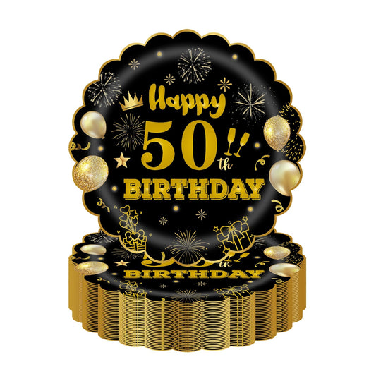 EVYIENEN 50Pcs 50th Birthday Party Paper Plates,7inch Disposable Black and Gold Scalloped Dessert Party Plates for Birthday Wedding Anniversary Reception Event Decorations