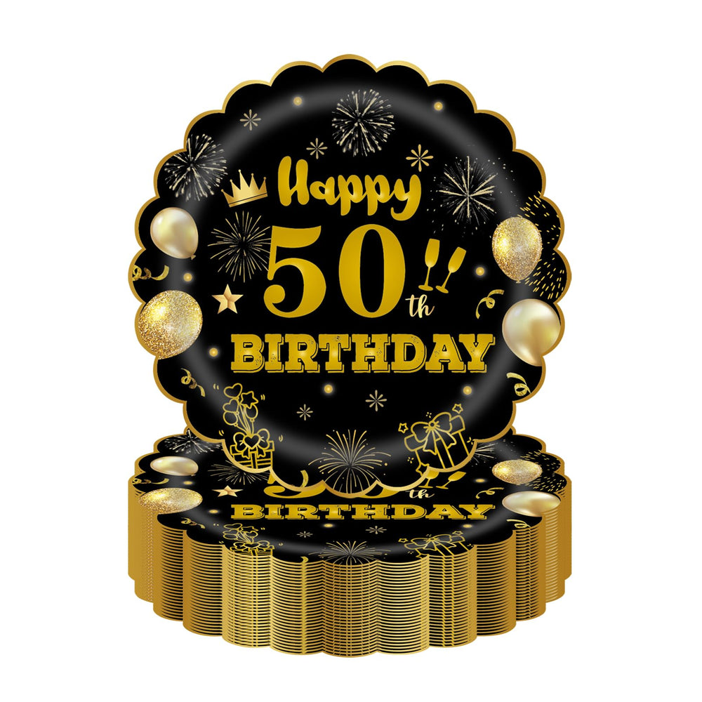 EVYIENEN 50Pcs 50th Birthday Party Paper Plates,7inch Disposable Black and Gold Scalloped Dessert Party Plates for Birthday Wedding Anniversary Reception Event Decorations