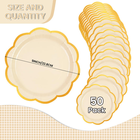 50 Pcs Orange Scalloped Paper Plates – 9 Inch Gold Foil Party Plates for Halloween, Fall & Thanksgiving