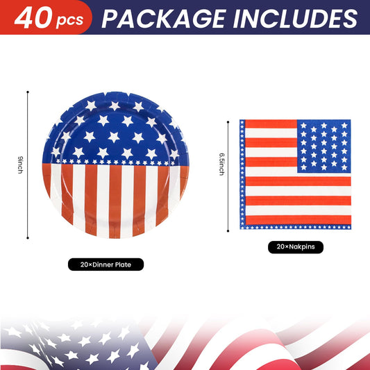 40 Pcs American Flag Patriotic Party Supplies, 9 Inch Plates & Napkins for 4th of July, Serves 20