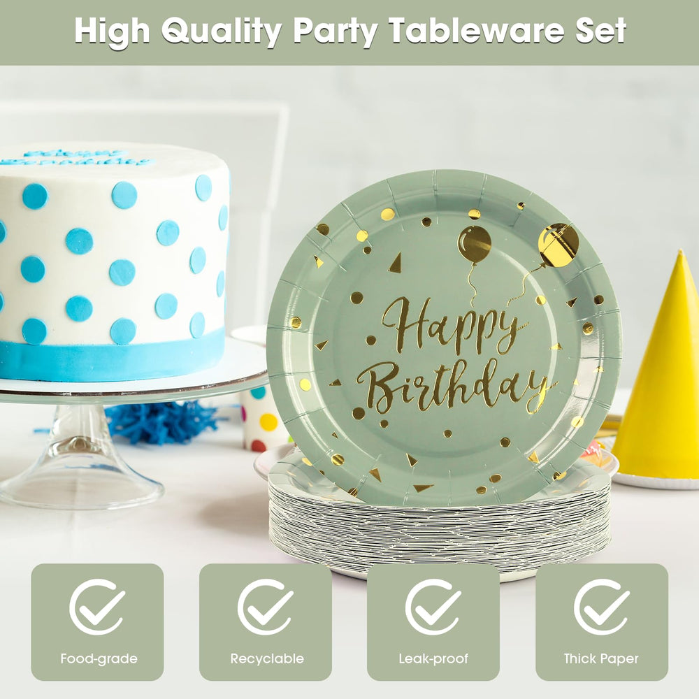 50 Pack Sage Green and Gold Happy Birthday Paper Plates, 7 inch Metallic Foil Polka Dots Disposable Dessert Party Supplies Plates for Graduation St Patricks Wedding Holiday Christma Party Decorations — image 3