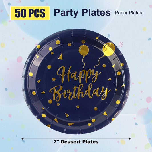 EVYIENEN 50 Pack Disposable Paper Plates 7 inch Dark Blue Gold Happy Birthday Metallic Foil Polka Dots Dessert Party Plates for Graduation Birthday Cocktail Party Weddings Holiday Christmas