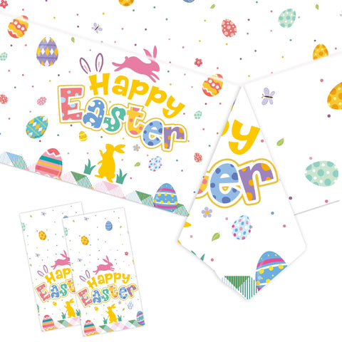 EVYIENEN 2Pack Happy Easter Plastic Tablecloth - 108 x 54 Inch Colorful Bunny Eggs Table Cloth Disposable Rectangle Spring Table Cover for Easter Birthday Party Decorations