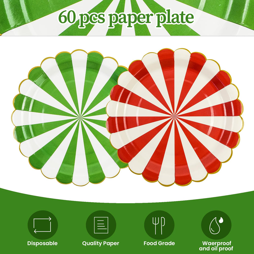 60Pcs Christmas Candy Paper Plates, 7 Inch Red White and Green Striped Dessert Plates for Christmas and New Year β image 3