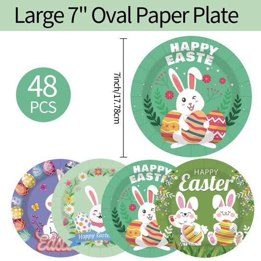 EVYIENEN 48 pcs Happy Easter Paper Plates,7Inch Dessert Plates Decorative Spring Bunny Egg Dinnerware Tableware for Easter Kids Adult Party Supplies Decorations(4 Designs)